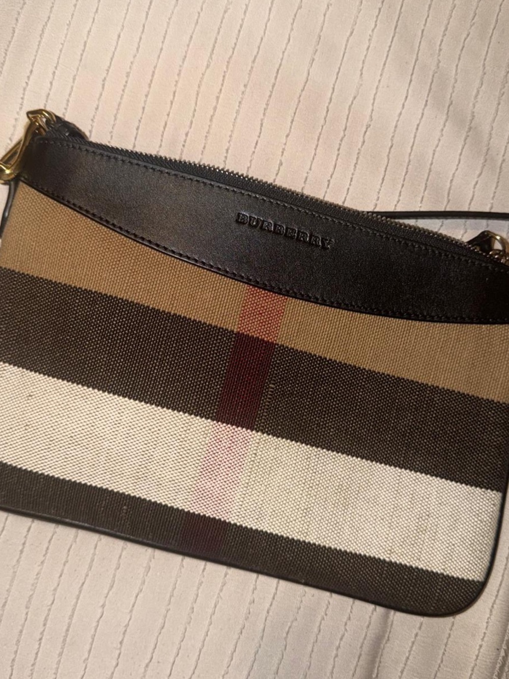 Burberry Black, Tan & White Stripe Canvas Wristlet with Red Accent